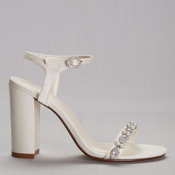 embellished satin block heel sandals
